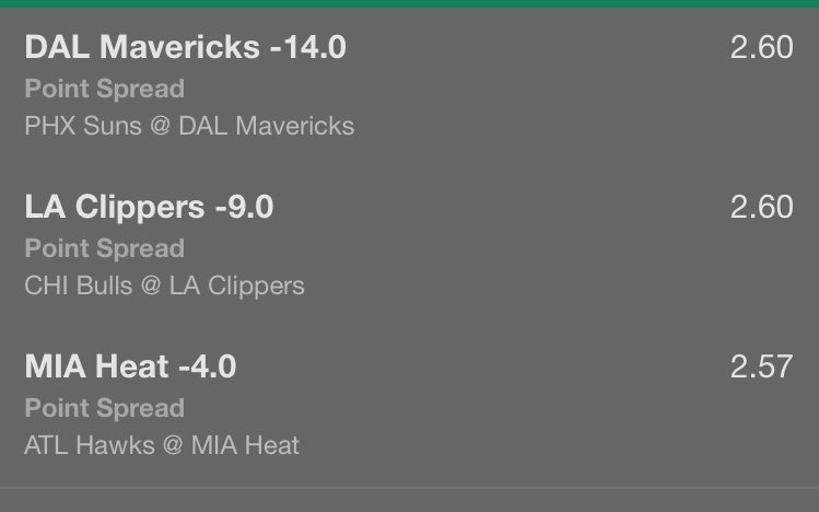 OGSportsTips's tweet image. #DailyTrixie

Mavericks -14.0
Clippers -9.0
Heat -4.0

Odds / 17.40