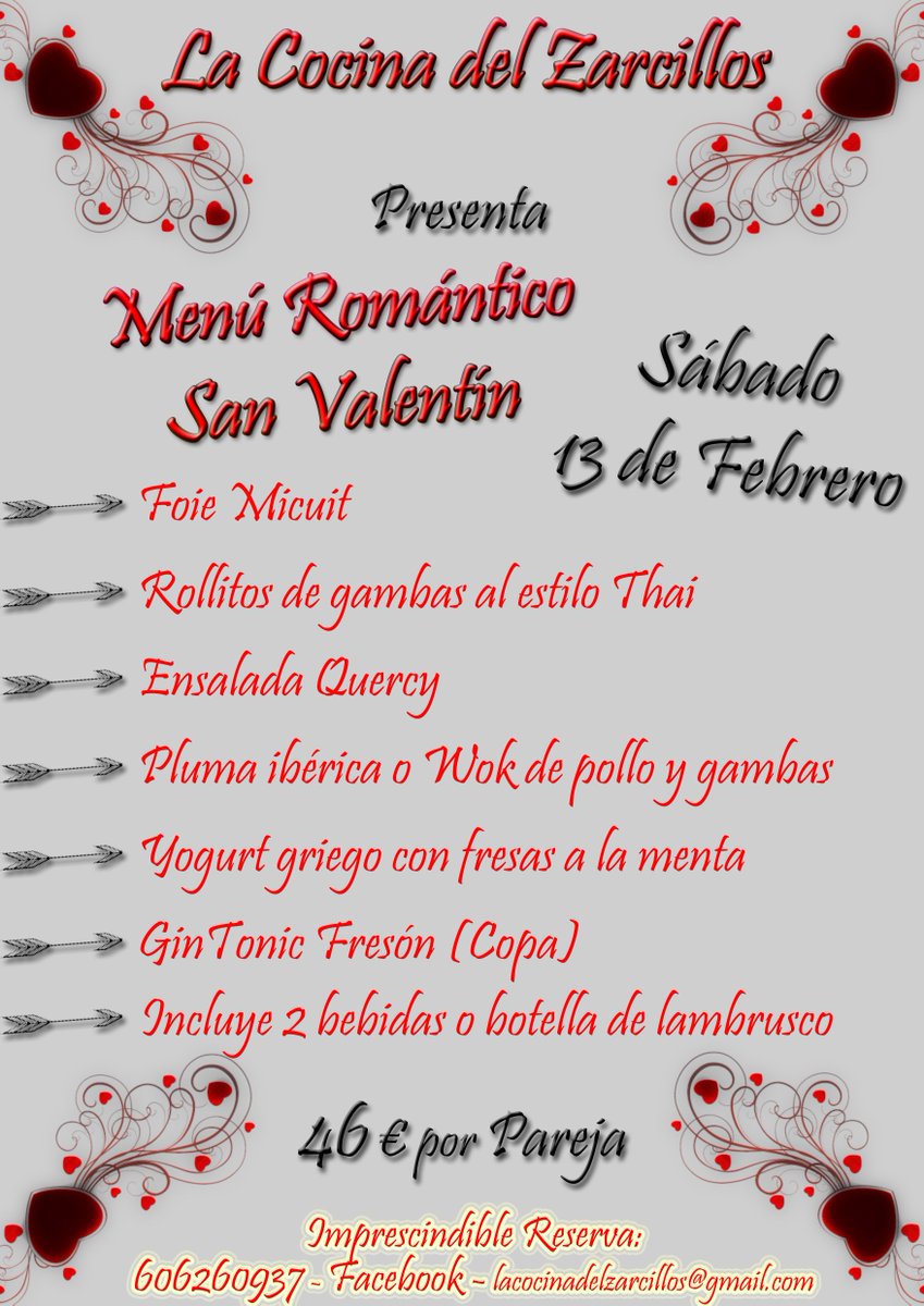 Disfruta de #SanValentín con tu pareja y amig@s...Ah! Y en el Zarcillos! Reserva ya!!!