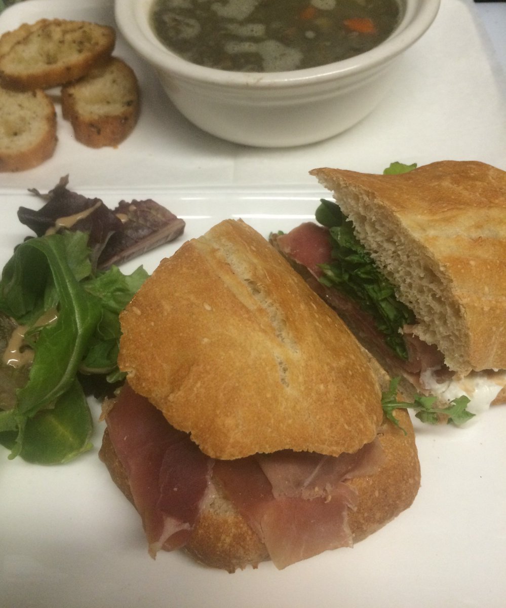 Lentils soup &amp; prosciutto, goat cheese, arugula and figs jam sandwich 
Our menu @
Benysdelice.com