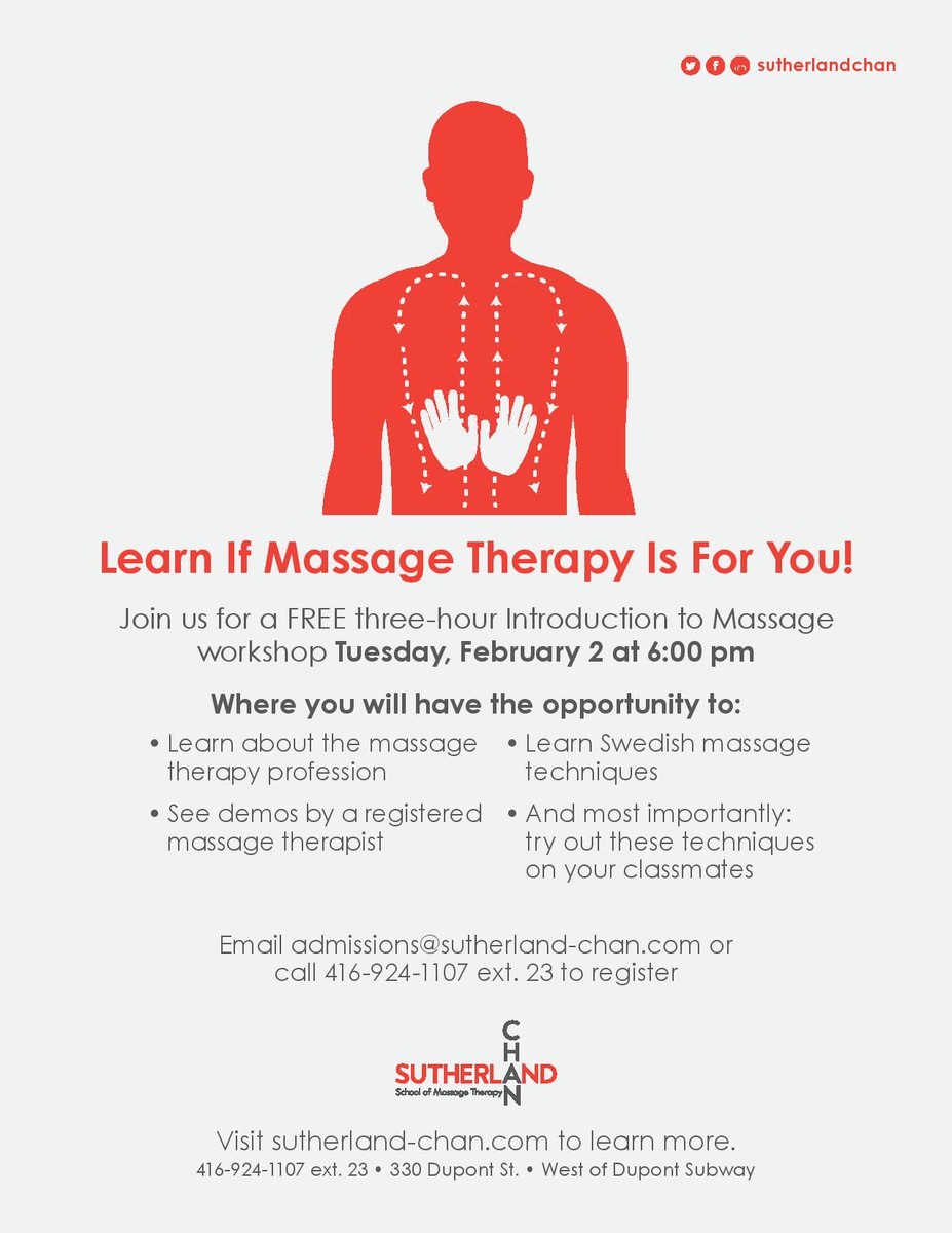 SutherlandChan's tweet photo. Are you or someone you know thinking about a career in #Massage? Attend our workshop and find out 416.924.1107 x 23 https://t.co/BMH7Cn8n8d