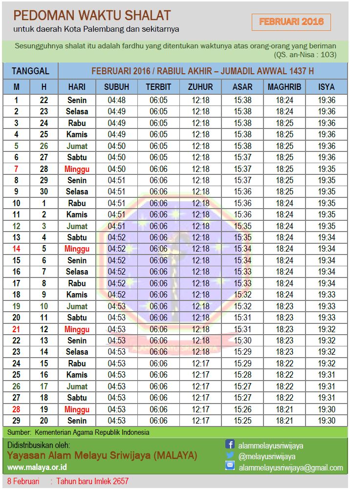 Jadwal Sholat Kota Palembang Bulan Februari 2016 – Yayasan Alam Melayu