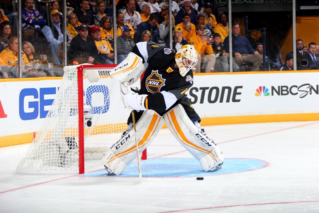 NHL's tweet photo. The goalies are putting on a show in the final. These guys are going HARD and are tied at the half. #NHLAllStar https://t.co/tNnvFZWyj7