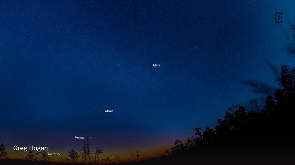 NYTScience's tweet photo. It's tricky to take a photo with the five planets in alignment. This photographer did it. https://t.co/eLDWHM7pIp https://t.co/KDEszt0pUA