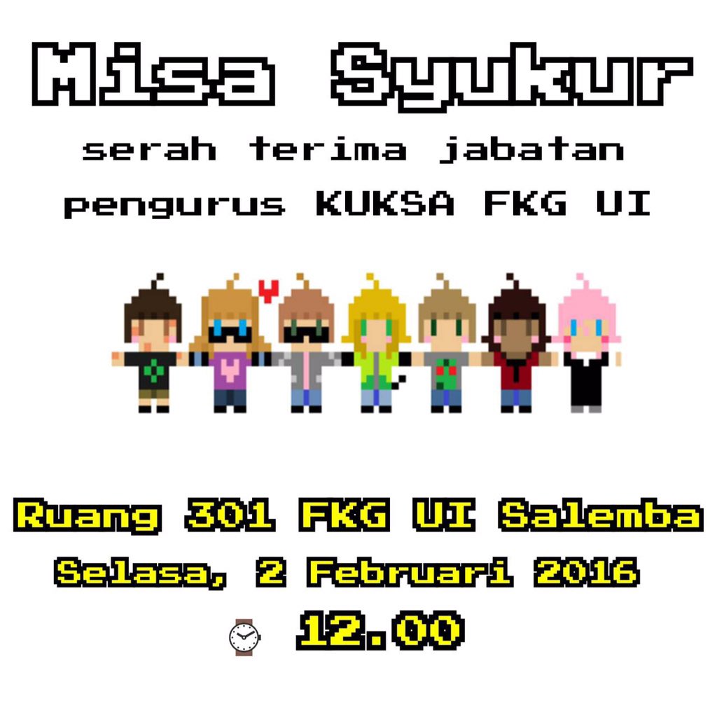 Haii! Kita akan mengadakan 
MISA SERTIJAB 
Ruang 301 FKG UI SALEMBA
Selasa, 2 Februari 2016 jam 12 siang