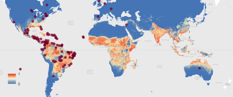 galka_max's tweet photo. Mapping Zika virus cases (red dots) and the distribution of the carrier mosquito (heatmap) https://t.co/OehW59Ie1m https://t.co/TqDftPpJpD