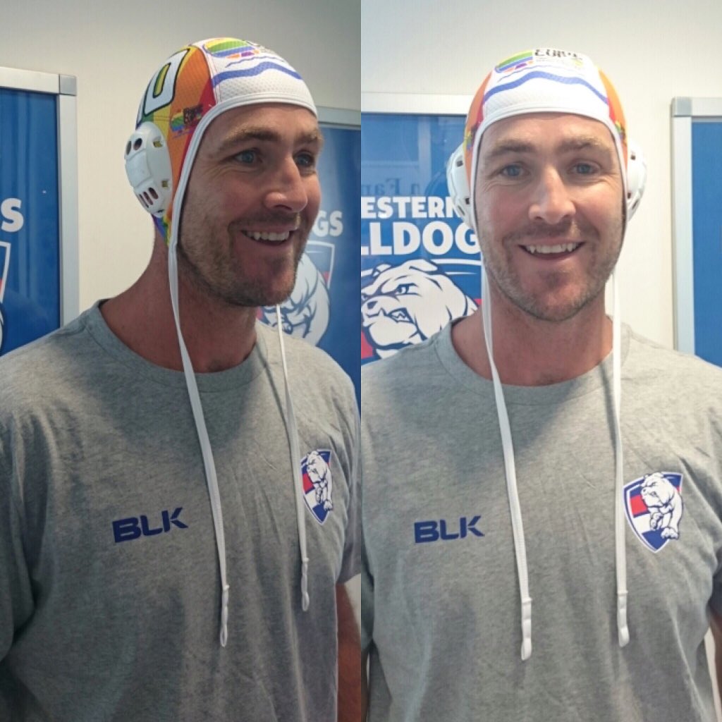 westernbulldogs's tweet photo. Kingy is proud to #wearthecap in support of the @vicseals in this Friday's inaugural #NWPLPride Cup at MSAC. https://t.co/sQ6R3IlQfI
