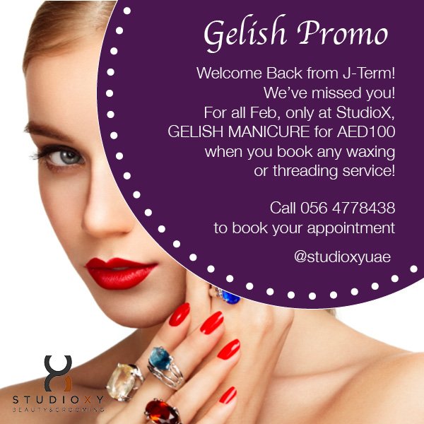 studioxyuae's tweet photo. Get a #gelishmanicure for only AED100 when you book any #wax or threading service! Call us to book now! #beautysalon https://t.co/1FkLDa9Kqo