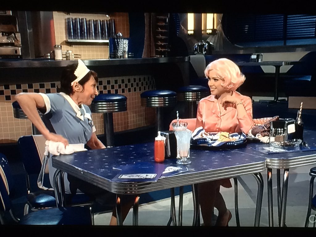 Frenchy then and now!  Love that #didiconn is playing Vi the waitress opposite @carlyraejepsen #GreaseLive @GoGrease