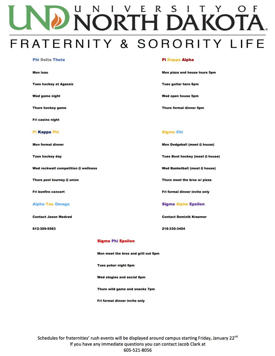 Check out all of the Fraternities during Rush Week! Activities run from February 1st-5th! #UNDGreek #MyUND #GoGreek