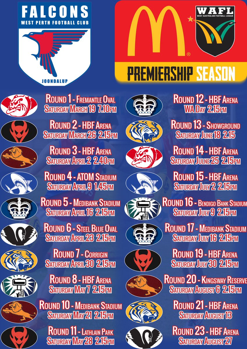 WestPerthFC's tweet photo. A reminder of our fixtures for the upcoming #WAFL season. Not long to go now! #Falcons16 https://t.co/GHNkfUmfk5