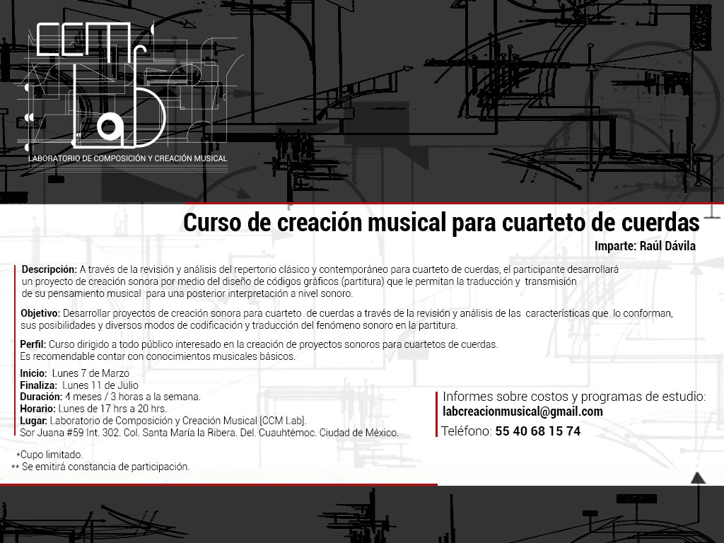 ccm_lab's tweet image. CURSO DE CREACIÓN MUSICAL PARA CUARTETO DE CUERDAS
Inscripciones abiertas
+info: labcreacionmusical@gmail.com