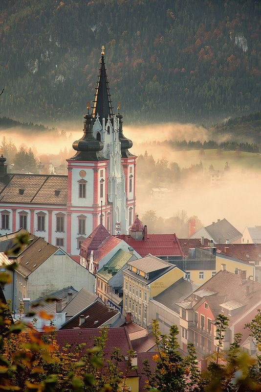 Morning fog at the basilica, Mariazell, Austria