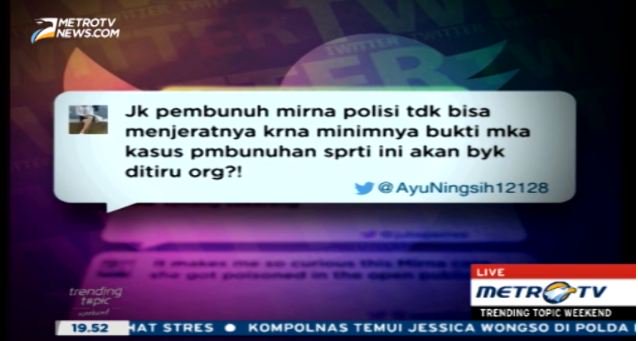 Metro_TV's tweet photo. Respon Netizen Soal Penetapan Jessica Sebagai Tersangka https://t.co/ZG0r5CIHln #KematianMirna https://t.co/mbRm2kMpb6