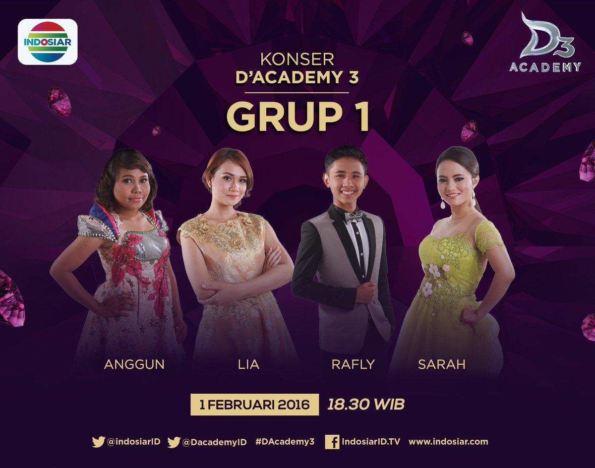 30 menit lagi ada Konser Nominasi Grup 1 <a href="/DA3_Anggun/">Anggun #DAcademy3</a> <a href="/DA3_LiaPusvita/">Lia Pusvita</a> <a href="/DA3_Rafly/">Muh.Rafly Heriawan</a>  @DA3_SarahRizkia #DAcademy3