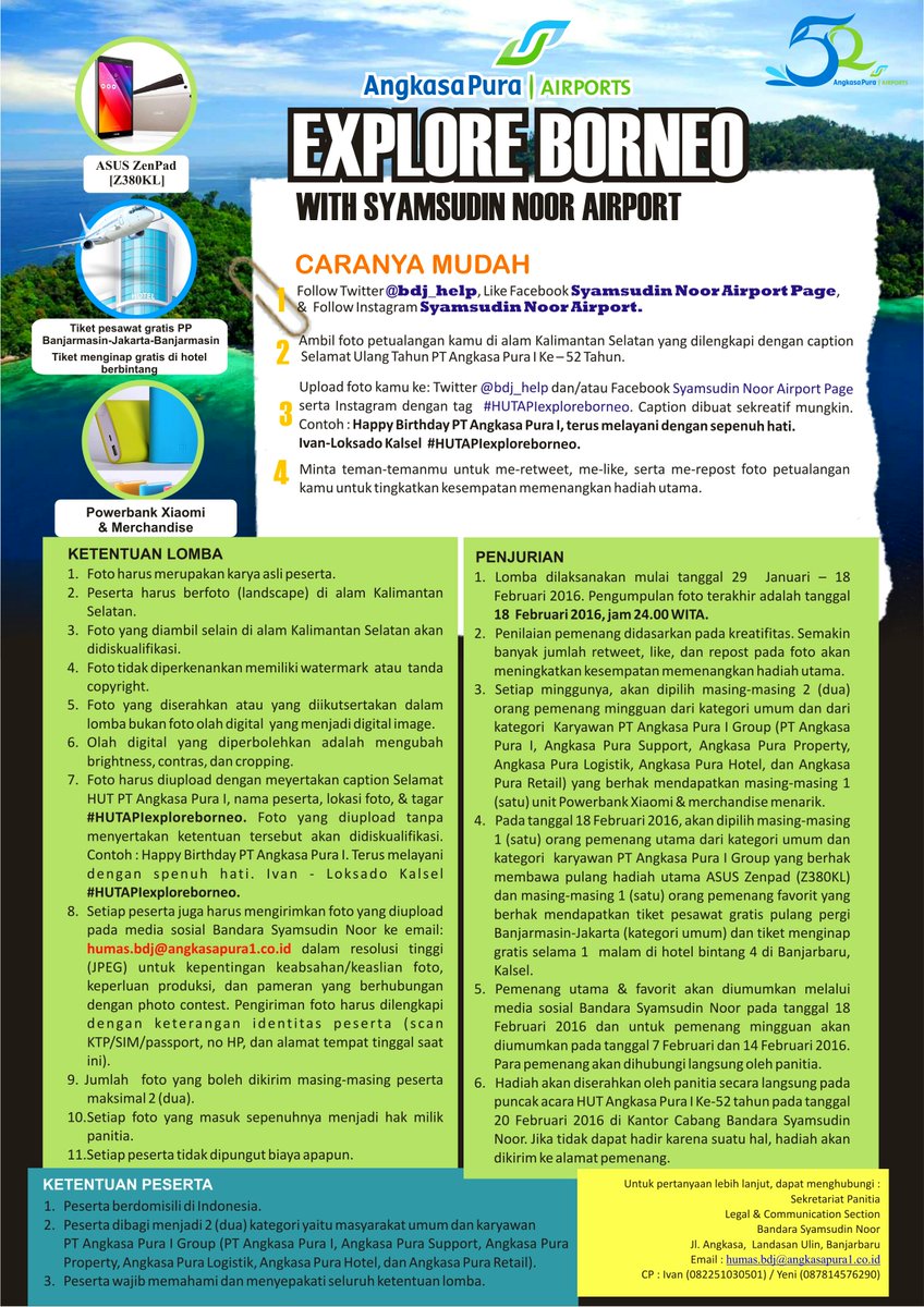 bdjairport's tweet photo. Format lomba : Foto, Ucapan HUT AP I ke-52, nama peserta, nama lokasi, tag #HUTAPIexploreborneo. Cek poster ya :) https://t.co/BcRLUlv26V