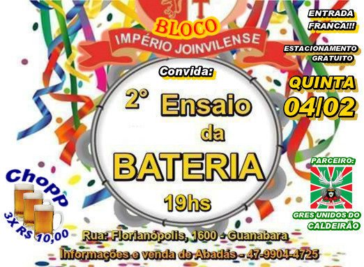 Imperioj's tweet photo. QUINTA-FEIRA TEM ENSAIO DA BATERIA!!! Abadás (camisetas) R$ 20,00 #Carnaval2016 #Joinville #Bloco #ij #lecaj https://t.co/2t7U84rrml