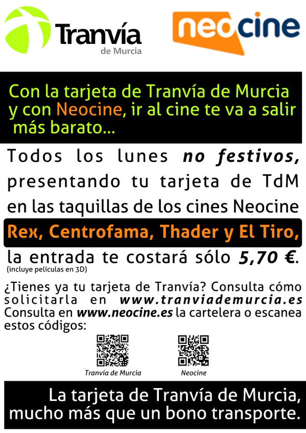 mutransmurcia's tweet photo. ¿Lo mejor de los lunes? ¡Tu mejor precio en el #cine con tu tarjeta del @tranviademurcia! #notecompliques https://t.co/y9MLTZXDil
