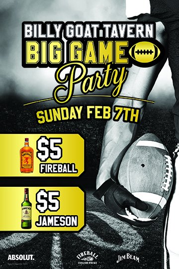 DCBillyGoats's tweet photo. Come enjoy the Big Game on - count-em - FOUR (non-hd) TELEVISIONS! $5 Fireball, $5 Jamesons. Get there early. https://t.co/iMPyh1GiAR