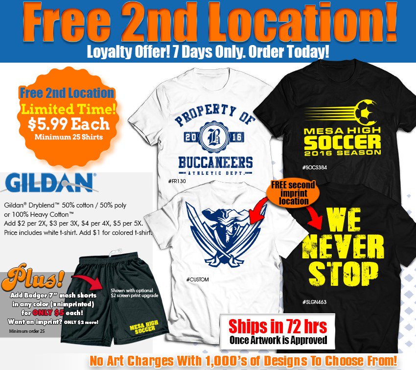 Sportdecals's tweet photo. Free second screen print location! Hurry! Offer ends 2/7! Use promo code QS592. Save on the custom gear you need! https://t.co/O05RnQ29HP