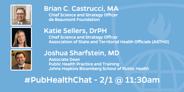 JohnsHopkinsSPH's tweet photo. Coming up today @ 11:30 am EST: A #PubHealthChat about #PublicHealth jobs w/ @drJoshS, @BrianCCastrucci &amp; @ASTHO! https://t.co/PADnum1xD3