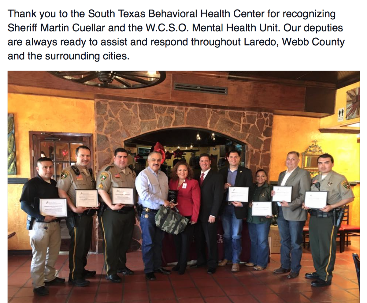 webb_county's tweet photo. South Texas Behavioral Health Center for recognizes Sheriff Martin Cuellar and the W.C.S.O. Mental Health Unit. https://t.co/qx976KvE7U