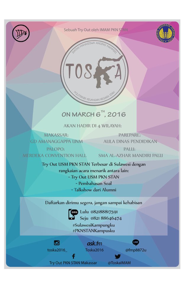 ToskaIMAM's tweet photo. •Instagram: toska2016_
•Askfm: toska2016
•Line: https://t.co/p9XpshFPox
•Facebook: Try Out PKN STAN Makassar https://t.co/pJC4q2SxNw