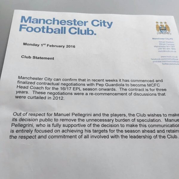 UFFICIALE nella prossima stagione #Guardiola allenerà il #ManchesterCity al posto di #Pellegrini