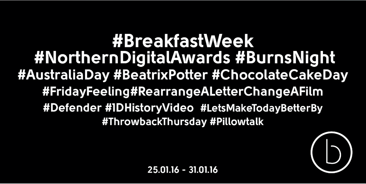 brilliantsocial's tweet photo. 1D, The Northern Digital Awards and Burns Night all feature in our Breakfast Week edition of #OurWeekInHashtags! https://t.co/0ktxy9tnSp