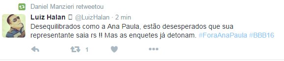 ForaDaniel's tweet photo. Vem gente, espalhem pro pessoal, o perfil oficial do @Daniel_BBB16 fica dando RT em ofensas pra Ana Paula! #Fora https://t.co/9a9yOgvKAT