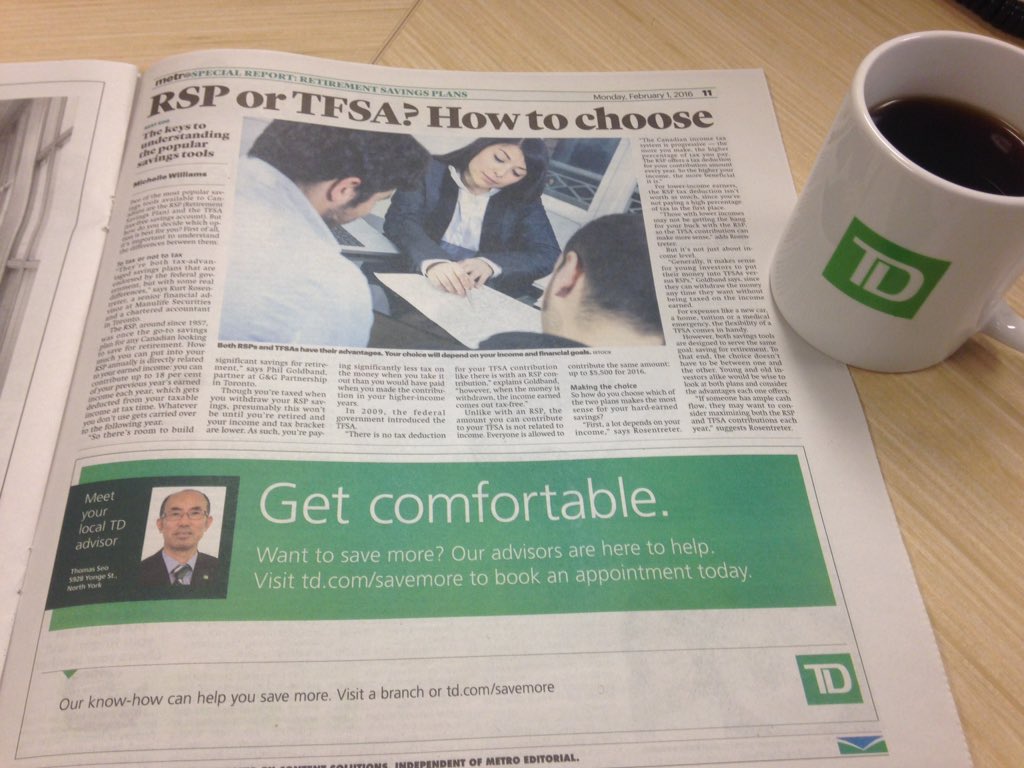 Check out the Toronto Metro for an article on RSP vs TFSA sponsored by Thomas Seo at br 1924 @ALaw_TD <a href="/RinaDegrazia/">Rina DeGrazia</a>