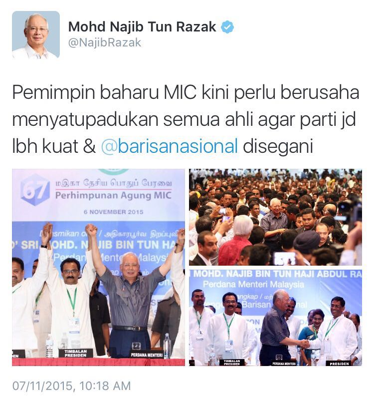 dhanyaraam's tweet photo. PM @NajibRazak confirmed the leadership of MIC. Looks like @m_kayveas is confused. Or sabotaging? @TengkuAdnanReal https://t.co/3snToBe16u