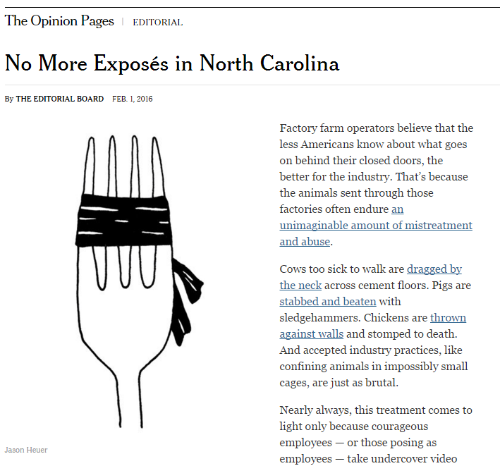 Sarah_Swingle's tweet photo. Excellent @nytimes editorial today on #NCAgGag: No More Exposรฉs in NC https://t.co/wAd4fO9rfk #ncpol #aggag https://t.co/KQNEn6KFbp