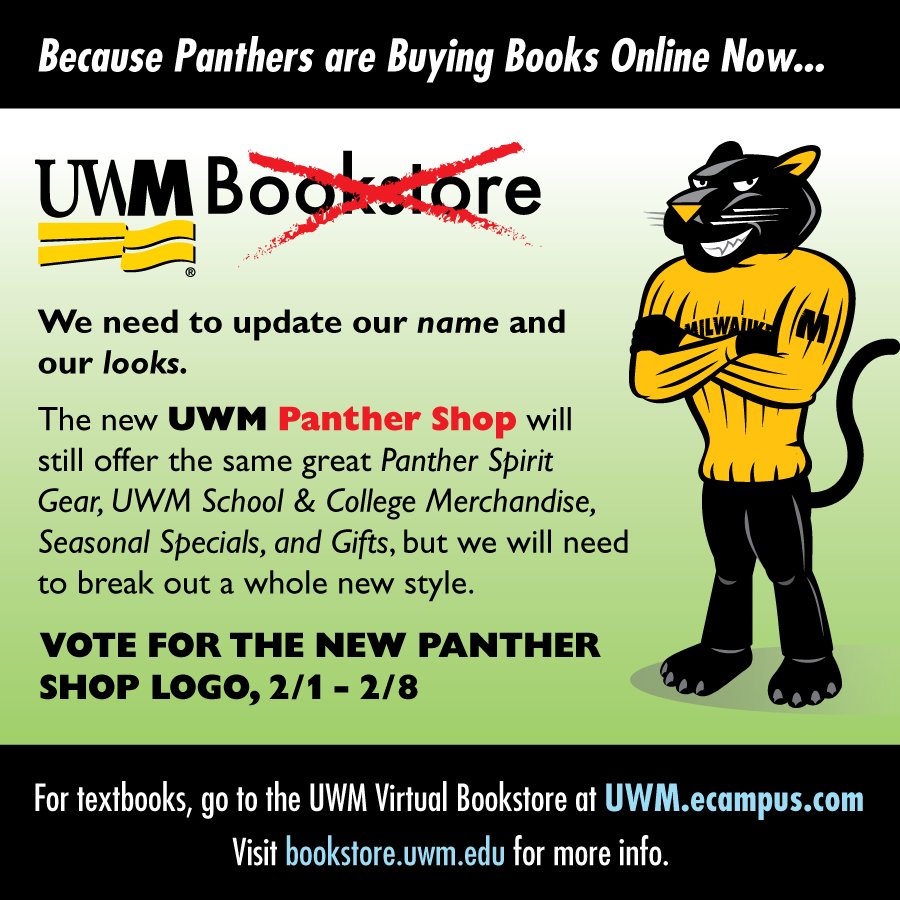 Voting for our new logo is now open! Log in with your ePanther ID and vote here: uwm.edu/bookstore/uwm-…