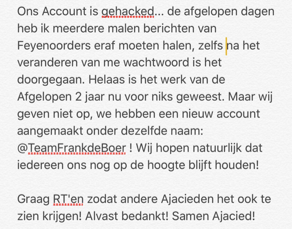 teamfrankdboer's tweet photo. Wij zijn Gehacked... Volg ons Nieuwe account: @TeamFrankDeBoer !

Hieronder het verhaal: https://t.co/pVWeAEFyDy