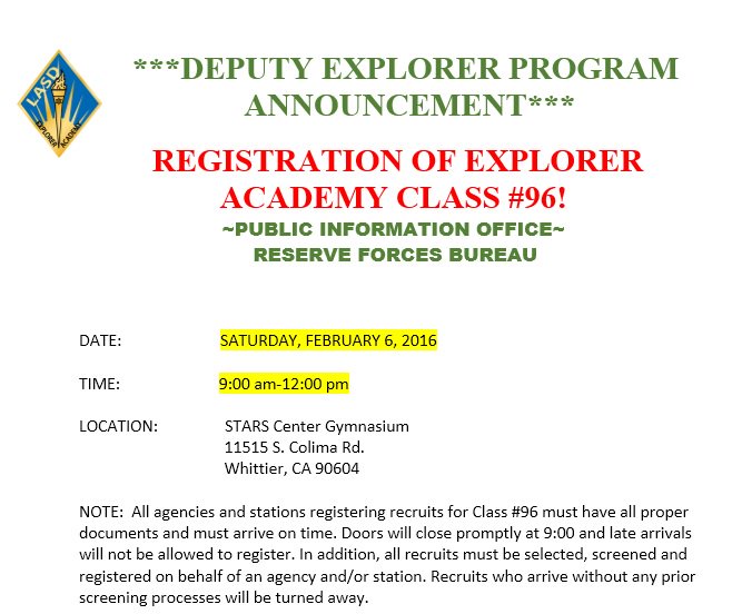 LasdExplorers's tweet image. .@LasdExplorers recruit registration will begin at 9:00 am on 02/06/16. #LASD #LASDExplorers #JoinLASD