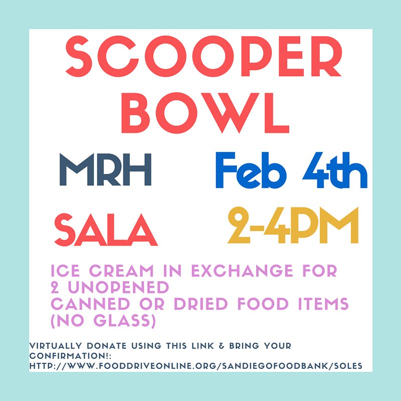 Scooper Bowl Feb 4 in MRH from 2-4! Bring 2 eligible items for ice cream. Can donate online. See flyer for details!