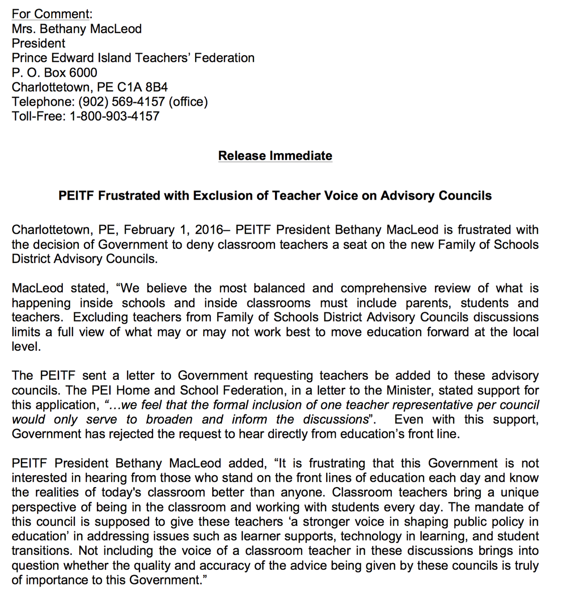 PEITF's tweet photo. PEITF Frustrated with Exclusion of Teacher Voice on Advisory Councils. https://t.co/HdnVCZEcFY