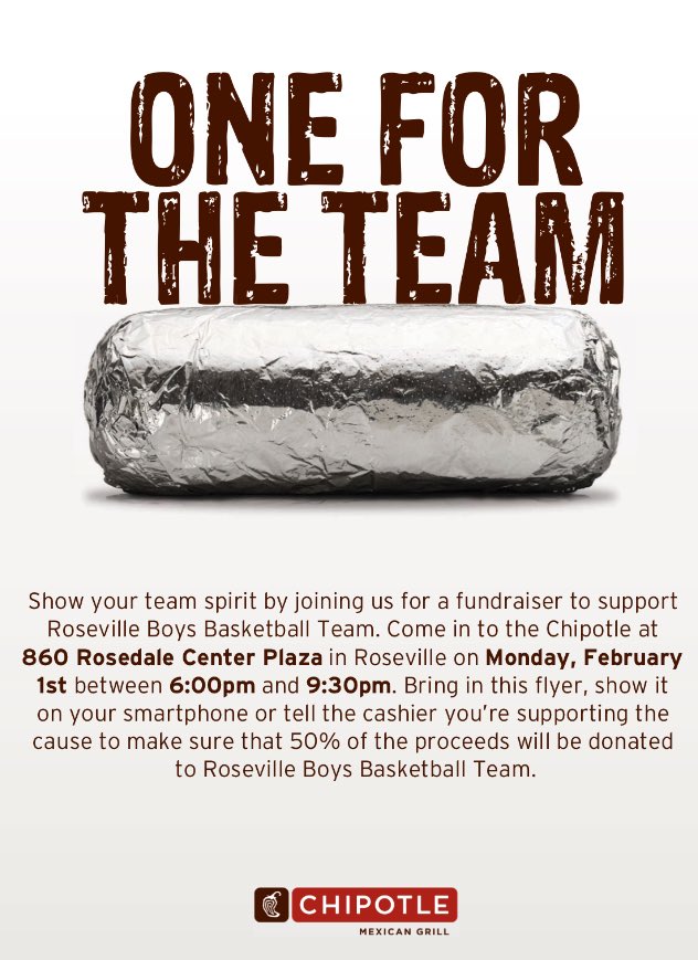 kabensen's tweet photo. Chipotle Fundraiser TODAY! 6-9:30pm ~ We appreciate your supportπ #RAHShoops @RosevilleBBALL @HenryBensen @HSchaef3 https://t.co/AADDw7PdR4