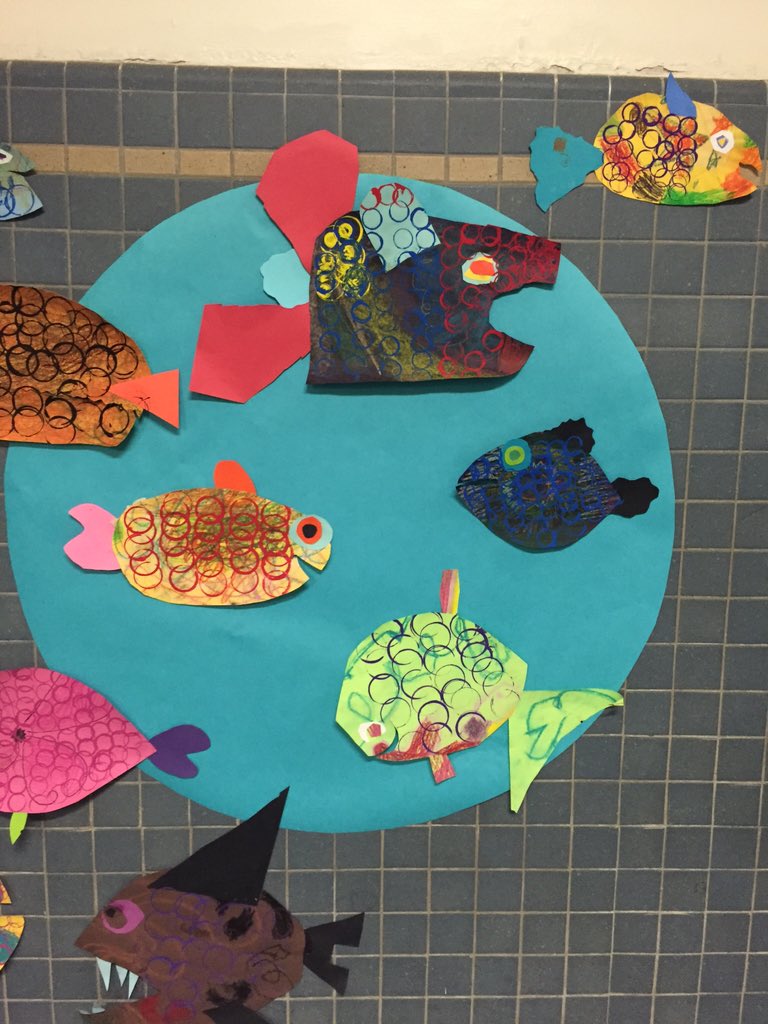 1st grade created fish with emotion after reading "Happy" by Mies Van Hout
