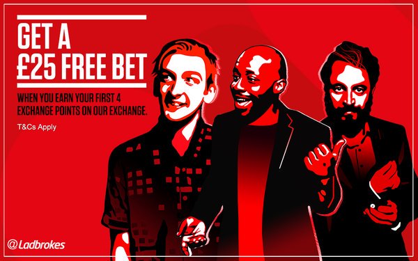 Ladbrokes's tweet photo. Get a £25 FREE BET when you earn your first four points on our Exchange... https://t.co/mlg0jcov98 #GenerousJohn https://t.co/fiqJJHyquN