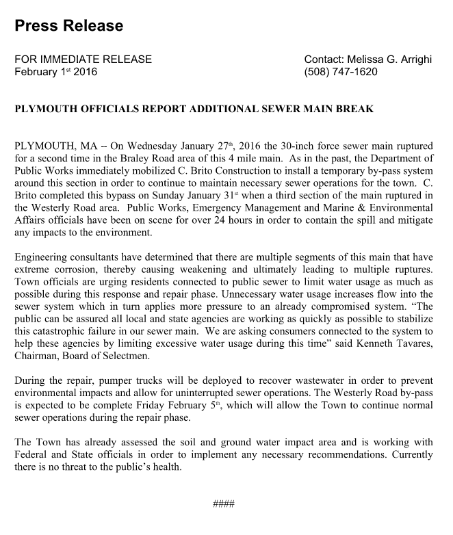 PlymouthSch's tweet photo. PLEASE ADVISE: Plymouth Town Officials have released this statement this morning on an additional sewer main break. https://t.co/rzXmaZmjCN