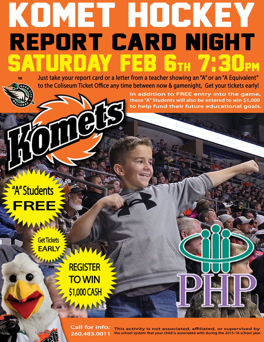 FWKomets's tweet photo. THIS SATURDAY: It's #ReportCardNight! Get a FREE TICKET with an "A" just by showing your report card! #LetsGoKomets! https://t.co/sRj0LCqgzf
