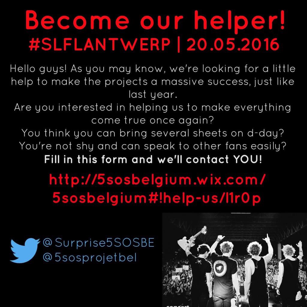 Surprise5SOSBE's tweet photo. ✨🇧🇪 BECOME OUR HELPER FOR #SLFLANTWERP 🇧🇪✨
More info : https://t.co/Kok50XuKjN https://t.co/fAw2PR18Eo