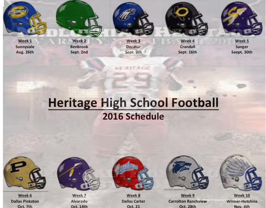 CooperCrowell's tweet photo. Here it is the 2016 Heritage Football Schedule. We will compete in District 6 4A. #Feast @HeritageFtball @CoachLWig https://t.co/BIwmQx1hkj