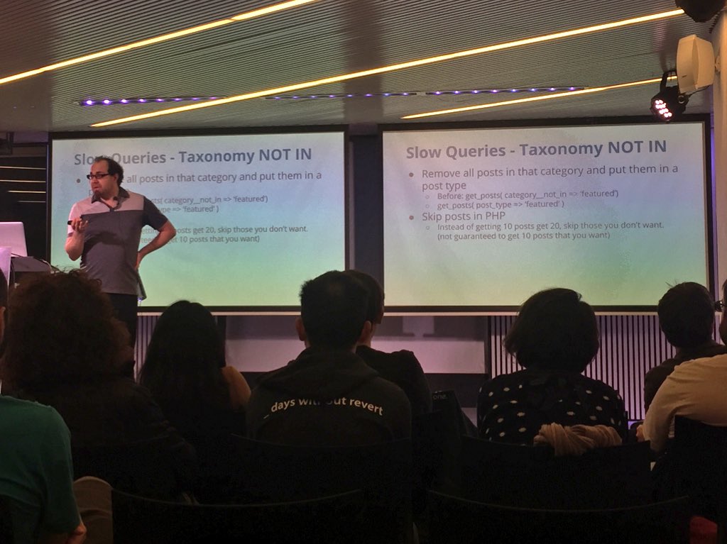 WordPressVIP's tweet photo. First up, let's chat performance and slow queries with @stephBoisvert #WordPressBCN https://t.co/Dh3KVBQMnX
