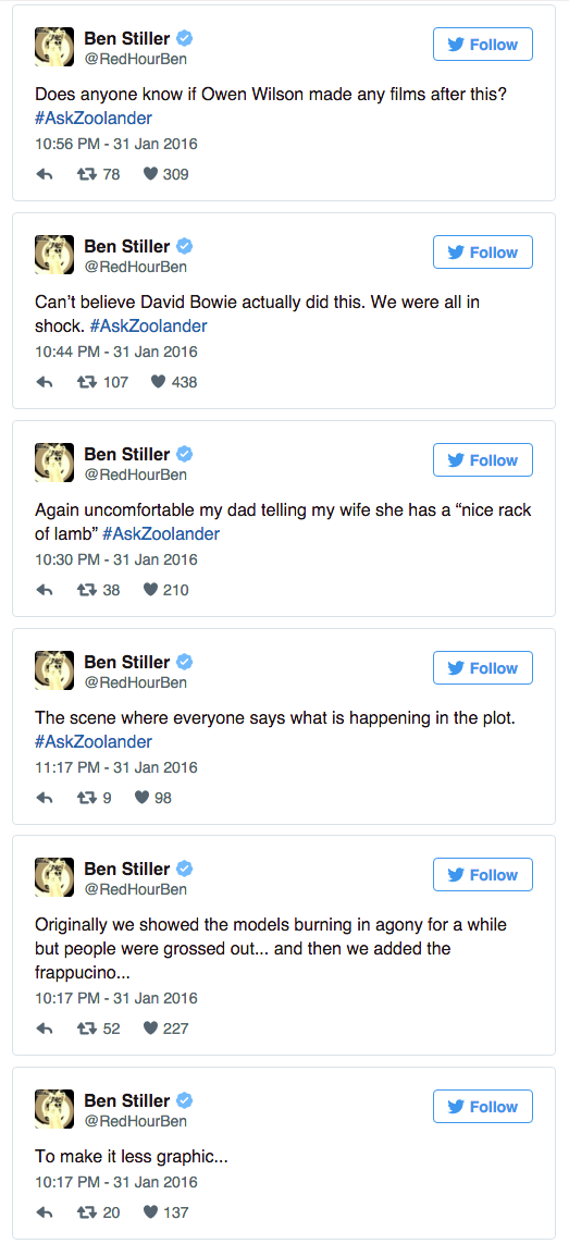 Stylight's tweet photo. So, Ben Stiller live tweeted Zoolander &amp; it was jokes 😂🙌 #AskZoolander https://t.co/CvYpte4t41