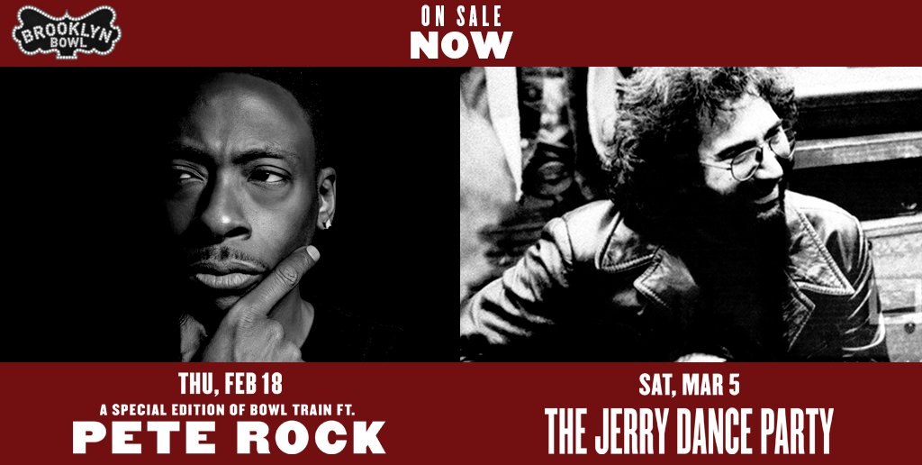 brooklynbowl's tweet photo. #ONSALE! #BowlTrain w/ @PeteRock on FEB 18 + #JerryDanceParty on MAR 5 are #onsalenow-->> https://t.co/36BIZiTYpS https://t.co/5razKDB4LW