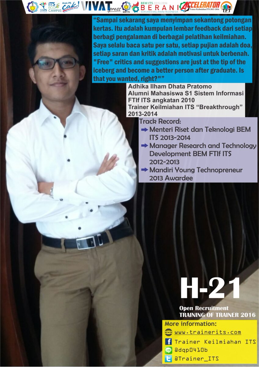 trainerits.com/IamTheNext
#TFT2016
#IamTheNextTrainer2016
#GenerasiPencerdasKMITS
#AkuUntukIndonesiaku
#BeAChangeMaker