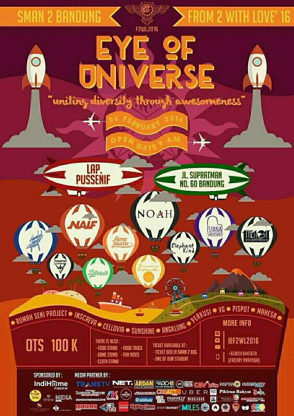 SMAN 2 Bandung : Mega Bazar <a href="/f2wl2016/">From 2 With Love '16</a> l 6 Feb Lap. Pussenif w/ <a href="/NOAH_ID/">NOAH</a> <a href="/GAC_Music/">Gamaliél Audrey Cantika</a> <a href="/NAIFband/">NAIF</a> <a href="/TheSIGIT/">The SIGIT</a>