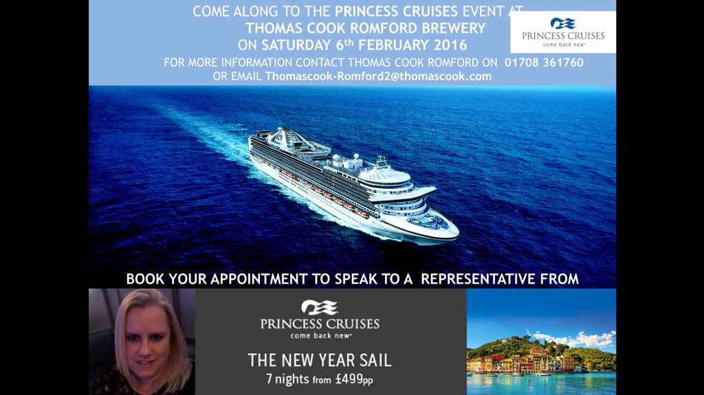 TCookRomford's tweet photo. Have you booked your appointment for Saturday? Claire from Princess Cruises will be in store. Call 01708 361760 https://t.co/PO1HmFhOUu